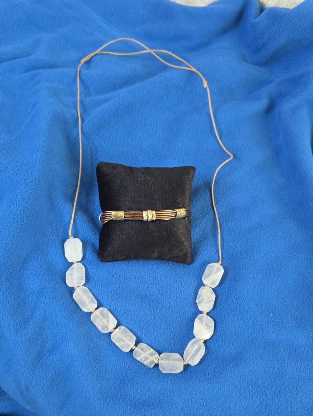 Gold-Tone Tube Bracelet and White Stone Necklace Set
